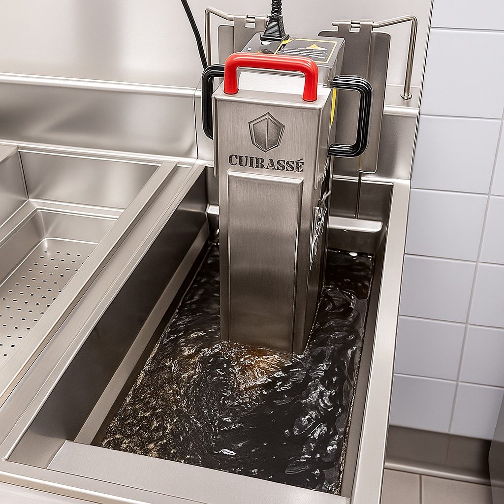 Filtreuse à huile Cuirassé S90 en fonctionnement dans une friteuse
