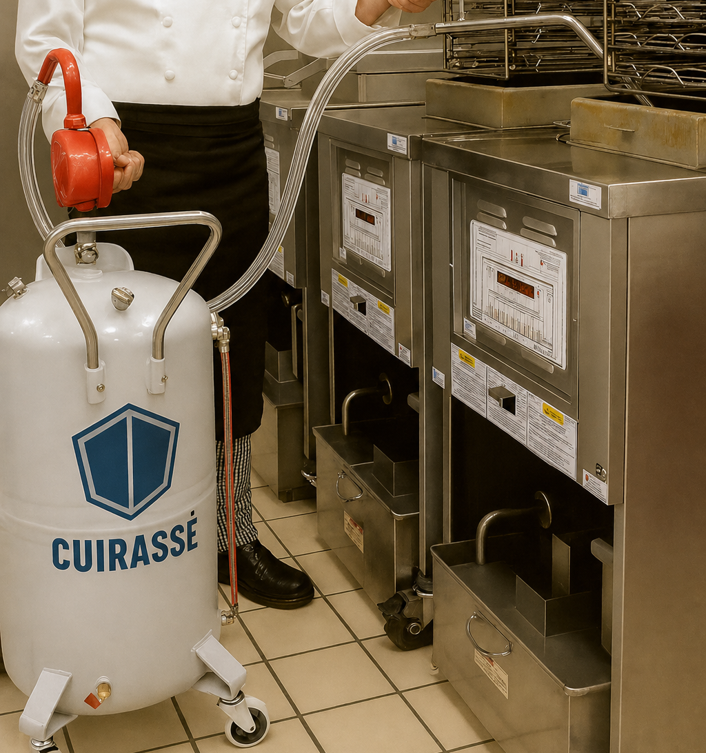 Aspirateur à huile de friture. Chariot de 80 l avec pompe Manuel en train d'aspirer l'huile dans une friteuse