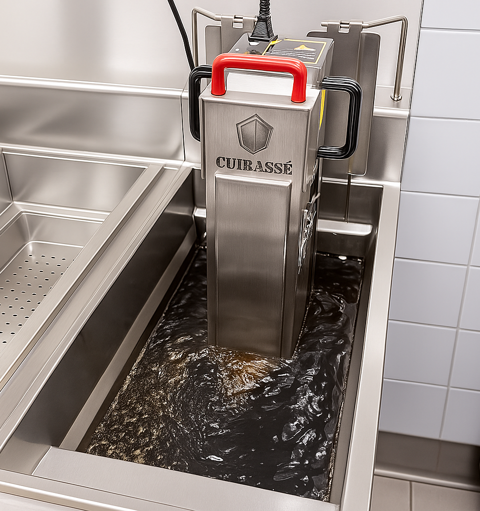 Filtreuse à huile Cuirassé S90 en fonctionnement dans une friteuse