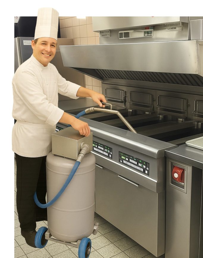 Aspirateur à huile de friture. Chariot de 80 l avec pompe électrique en train d'aspirer l'huile dans une friteuse